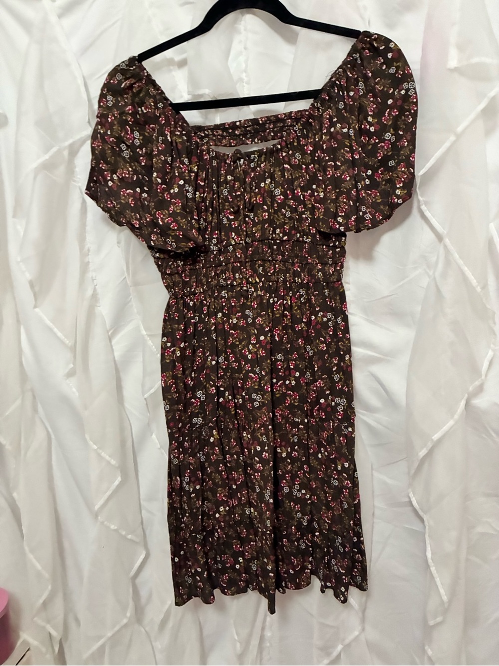 Angie Brown Floral Midi Dress with Puff Sleeves